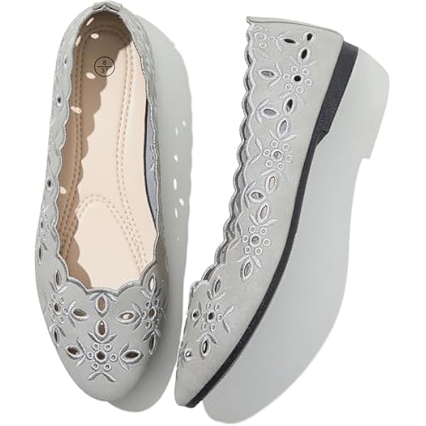 Women's Comfortable Dress Shoes Ballet Flats Slip On Shoes Black Flats Round Toe PU Leather Flats Summer with Floral Eyelets