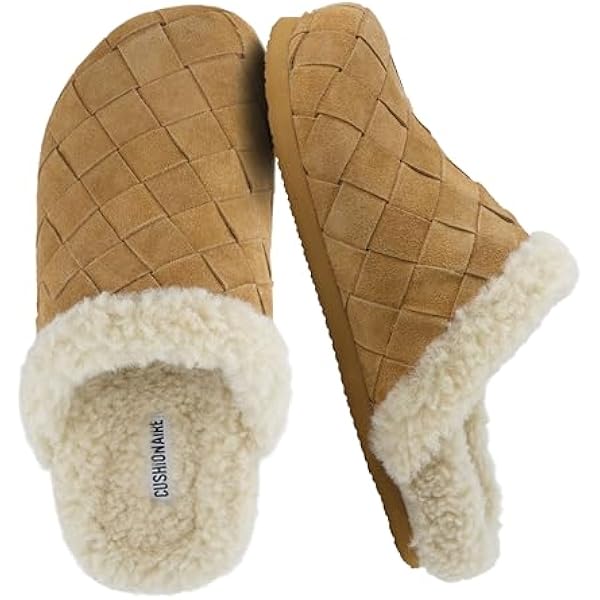 Cliché Genuine Suede Woven Mule Slippers for Women Indoor and Outdoor - Slip On Faux Fur Lining Women Footwear for Comfort